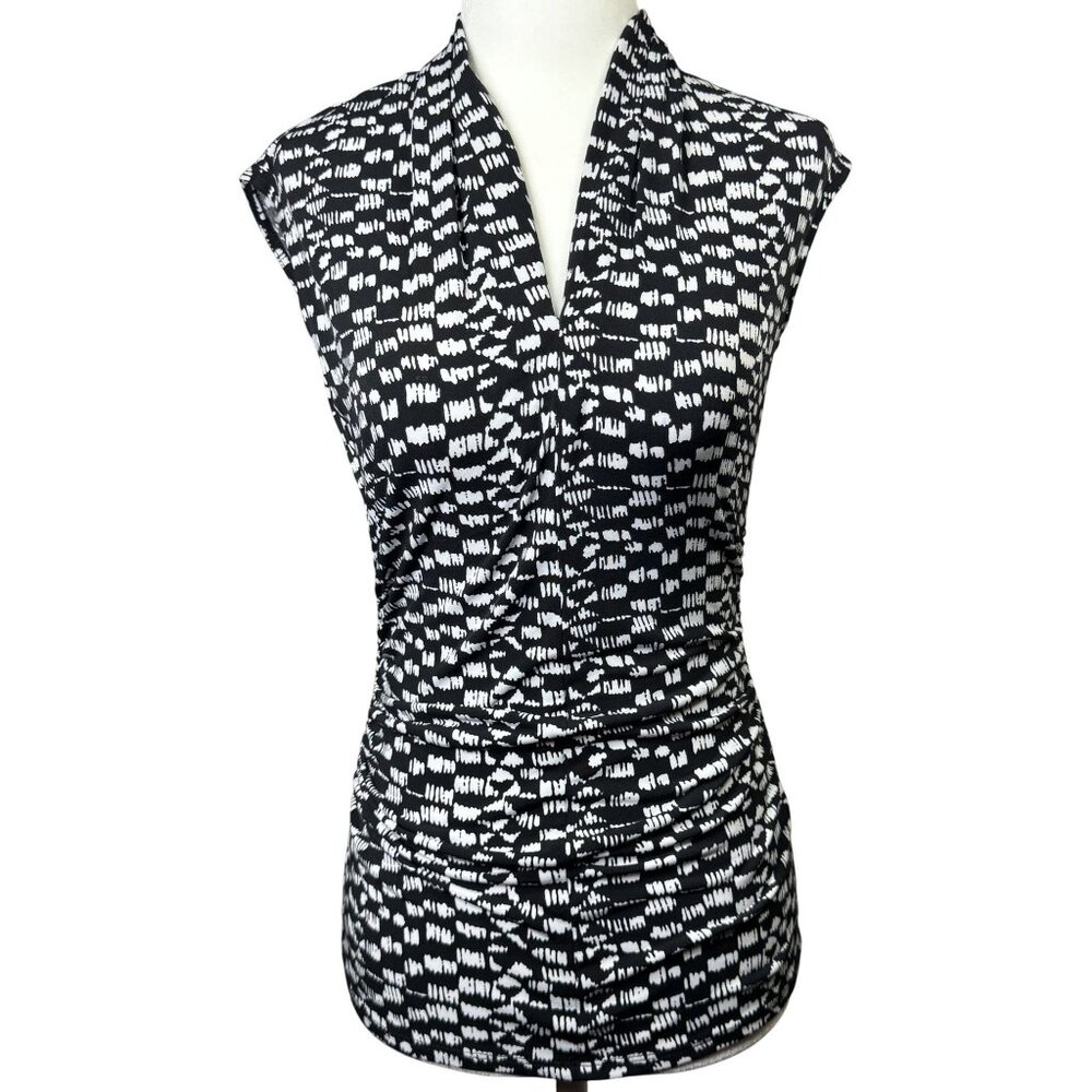 Vince Camuto XS Women's Sleeveless Collar V-neck Ruched Tank Top Black/White